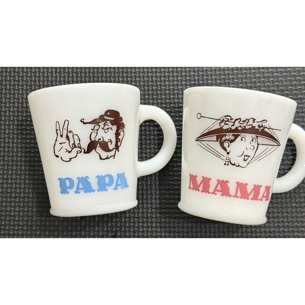 2 Vintage MAMA & PAPA Hazel Atlas Milk Glass Coffee Cup Mug Set C Handles #1
